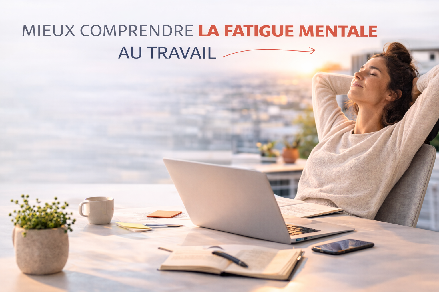 Comprendre la fatigue mentale au travail happy corporate Fatigue mentale au travail — femme se relaxant au bureau après une journée de charge cognitive intense, illustration du travail moderne et de la récupération mentale