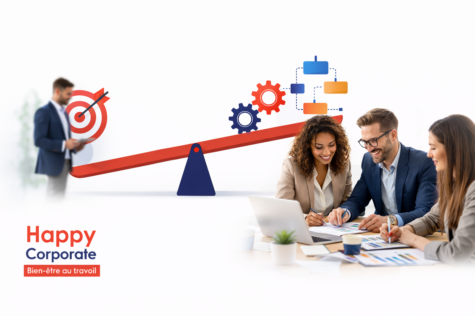 mManagement de la performance — Happy Corporate Équipe en entreprise collaborant autour d’un projet, illustrant un management orienté performance et processus — Happy Corporate